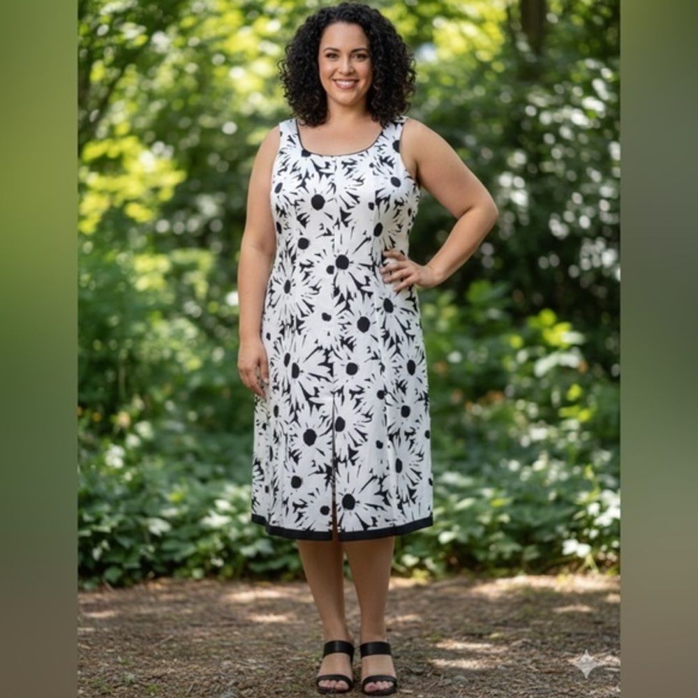 Vtg Talbots Women’s 14 Black White Floral Cotton Sleeveless Sheath Dress XL